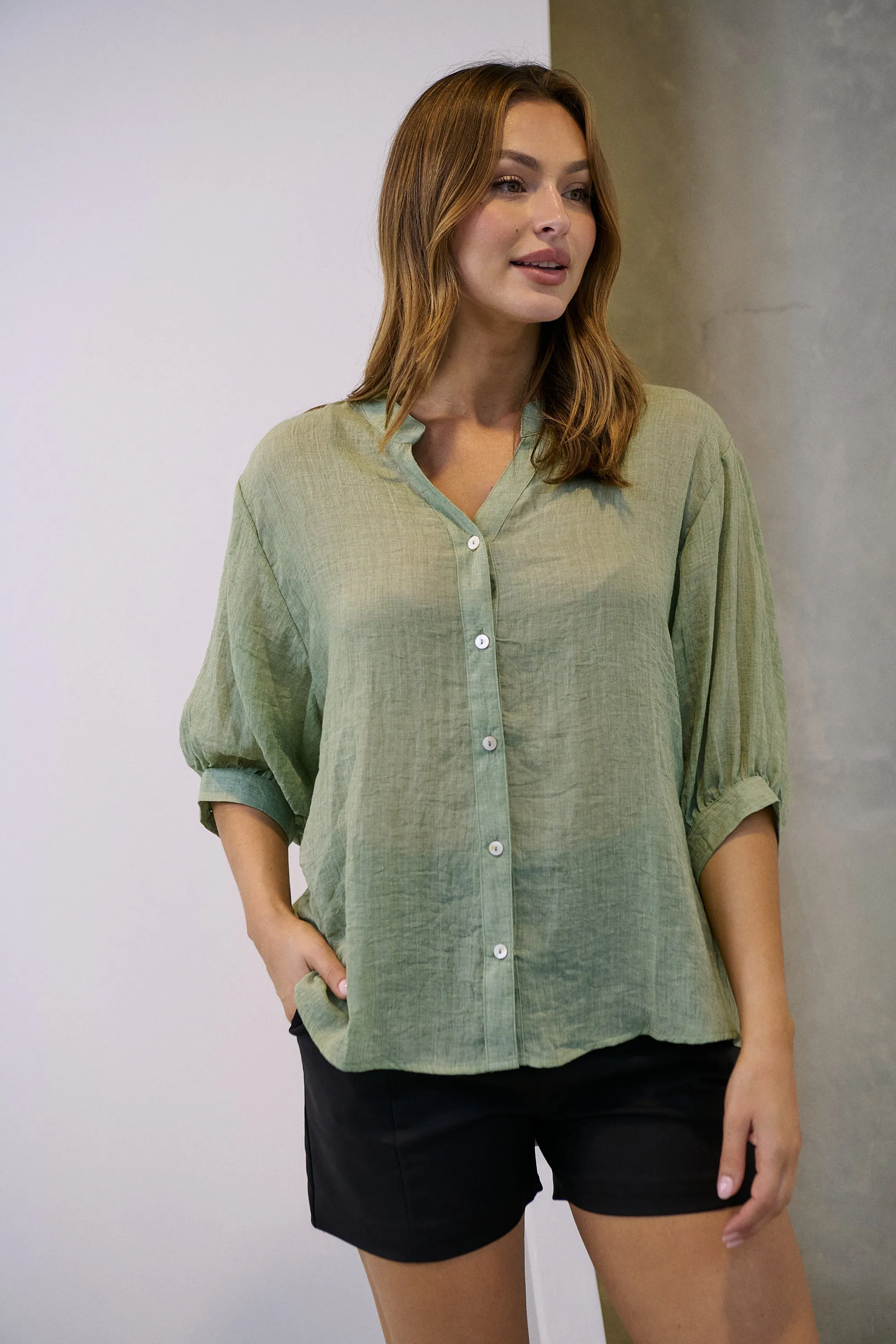 Leia Sage Button Up 3/4 Sleeve Shirt