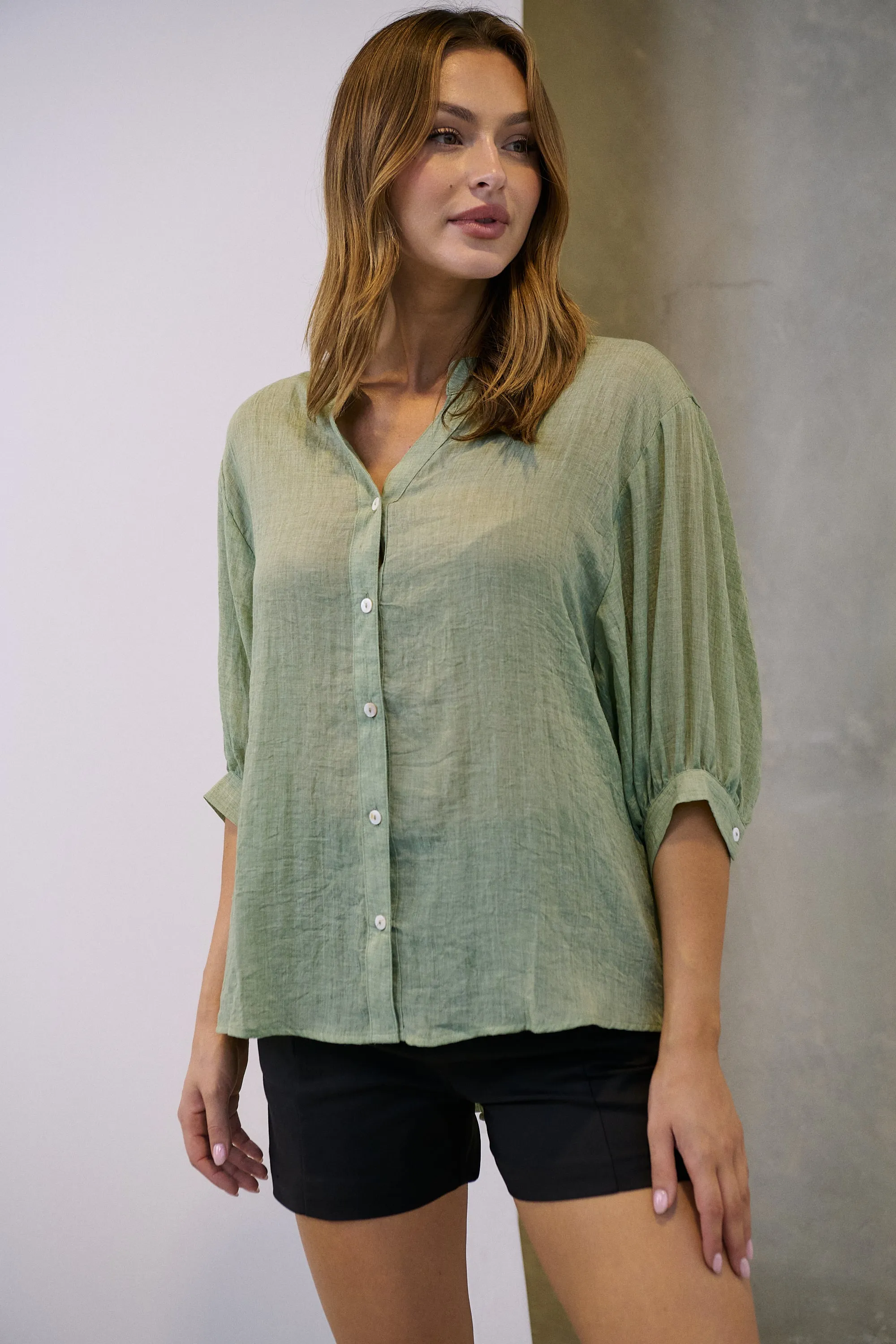 Leia Sage Button Up 3/4 Sleeve Shirt