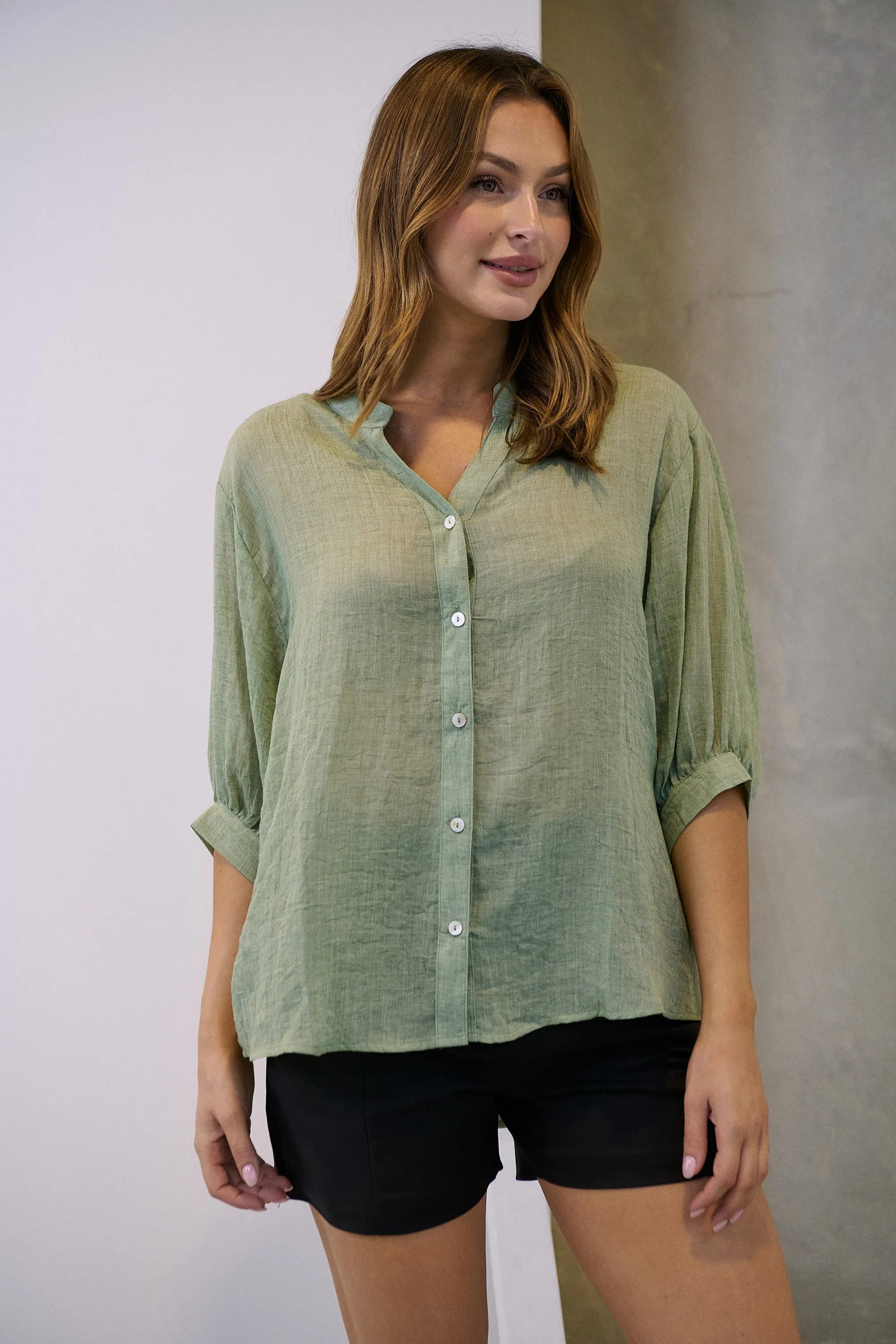 Leia Sage Button Up 3/4 Sleeve Shirt