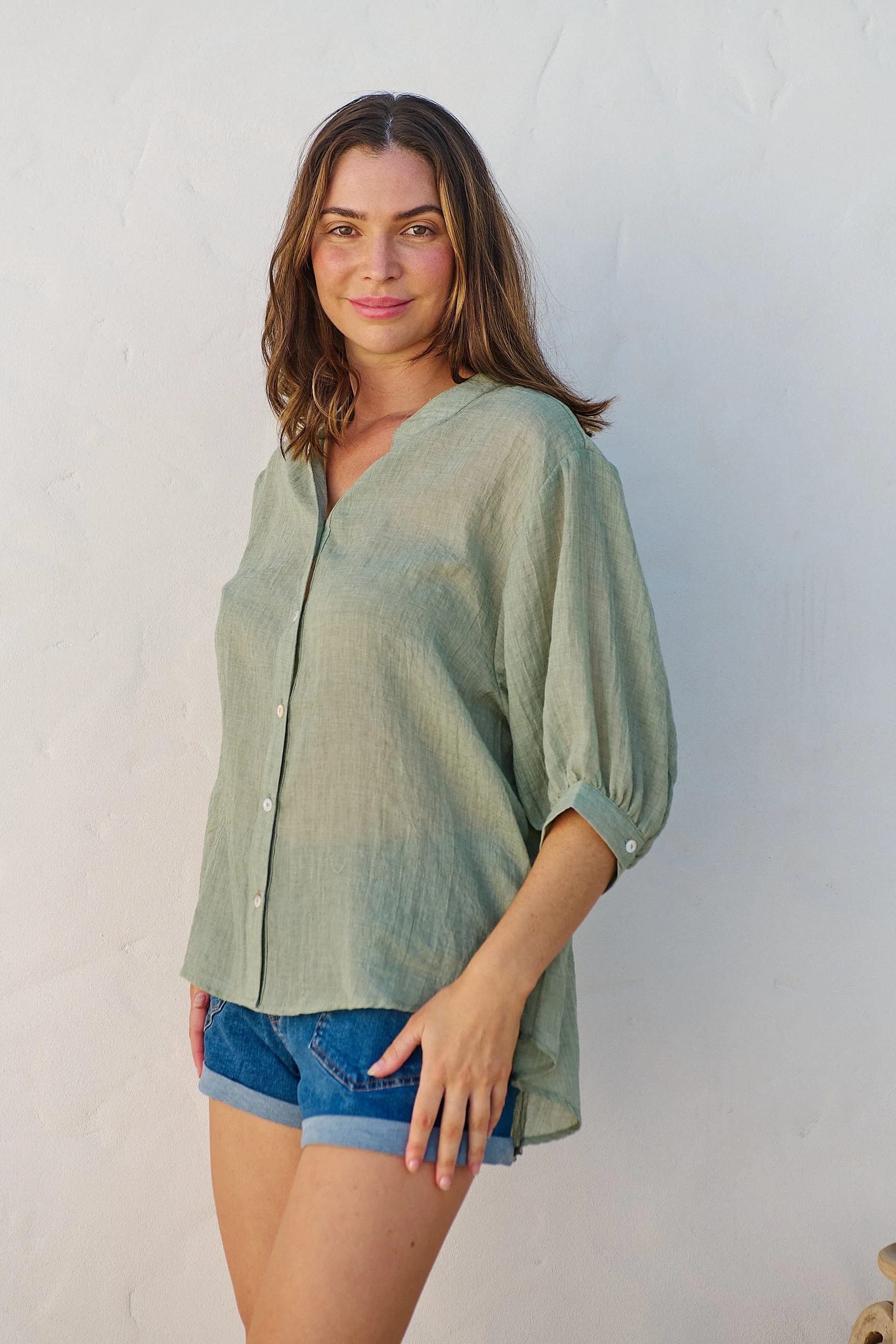 Leia Sage Button Up 3/4 Sleeve Shirt