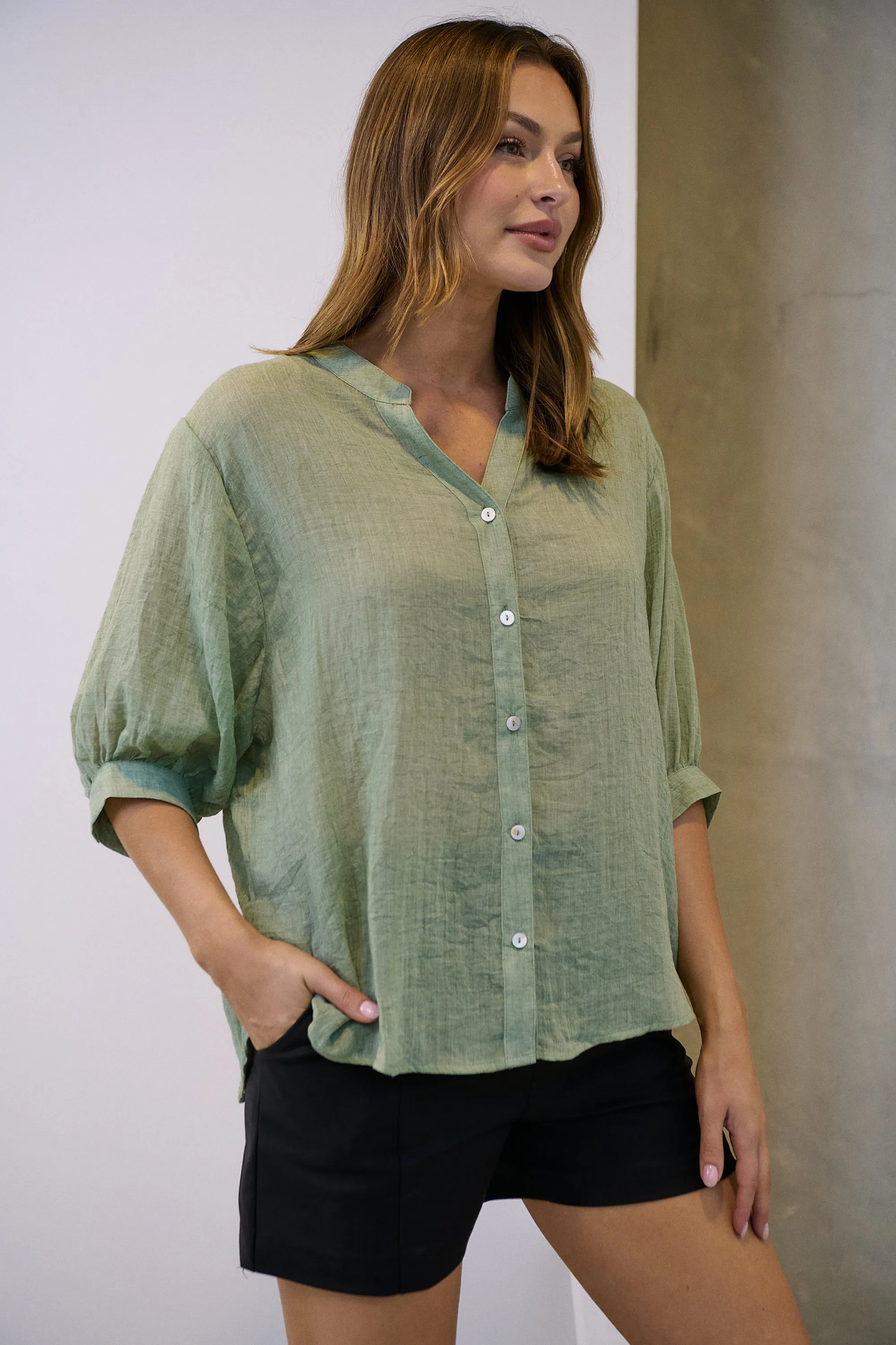 Leia Sage Button Up 3/4 Sleeve Shirt