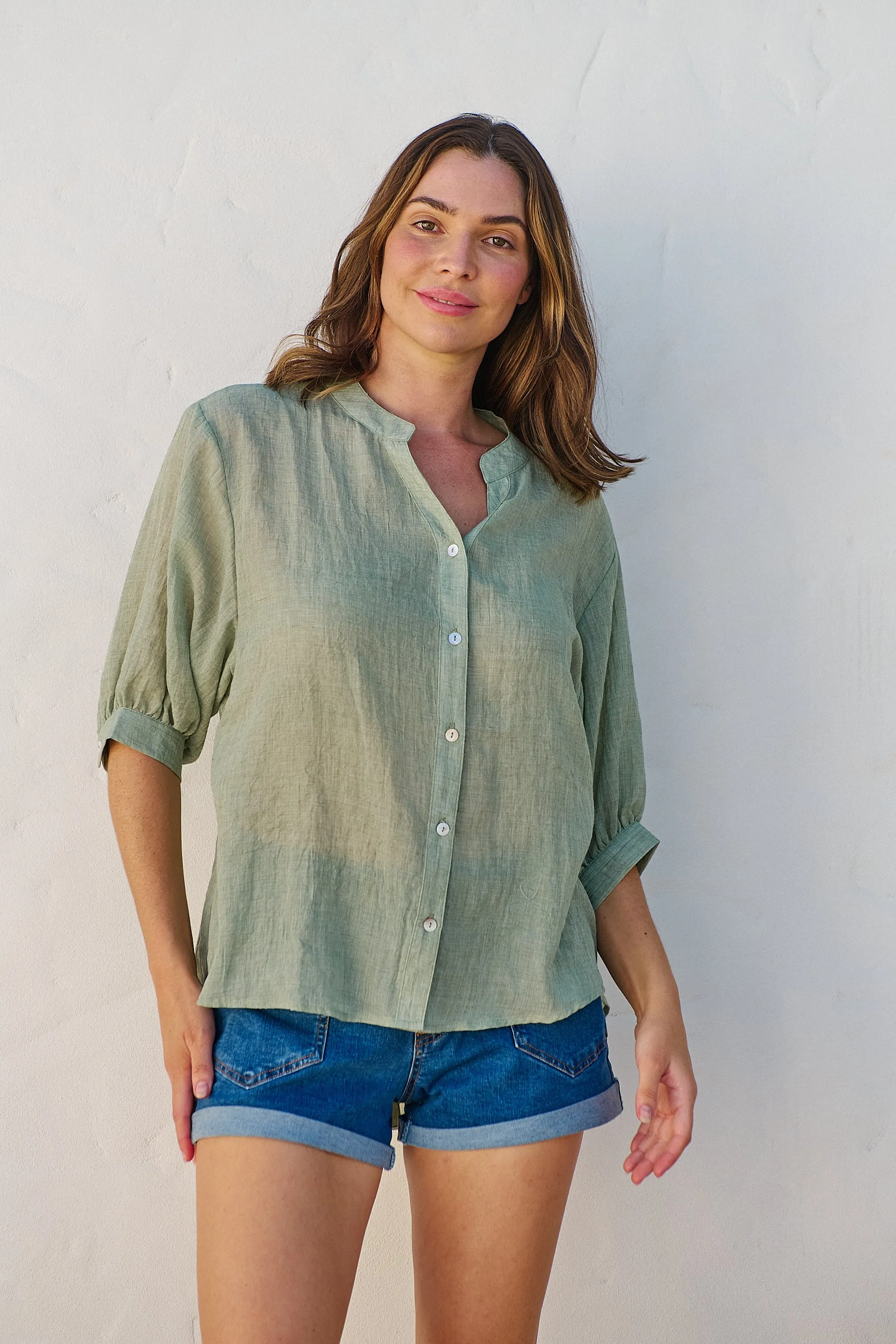 Leia Sage Button Up 3/4 Sleeve Shirt