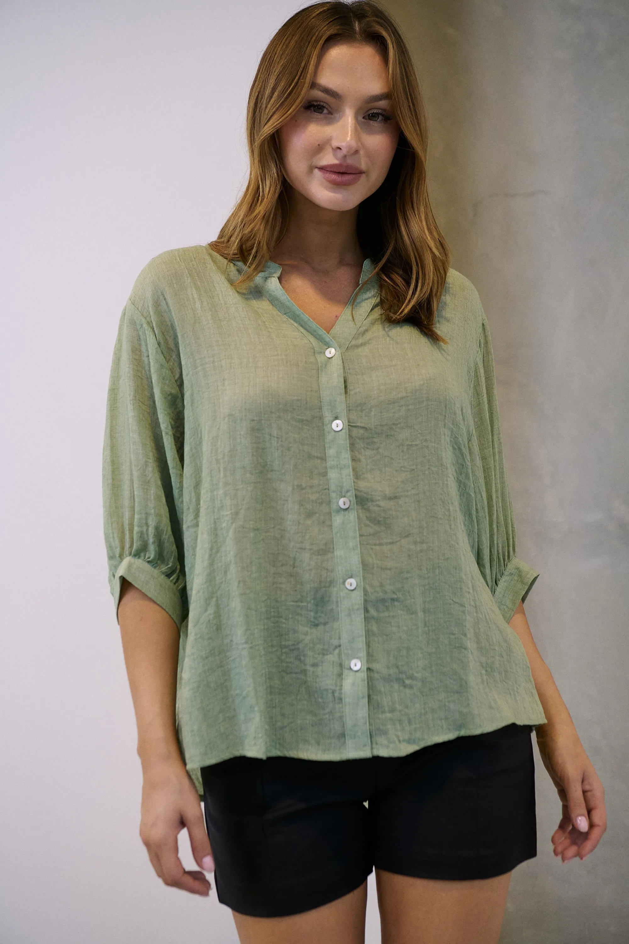 Leia Sage Button Up 3/4 Sleeve Shirt