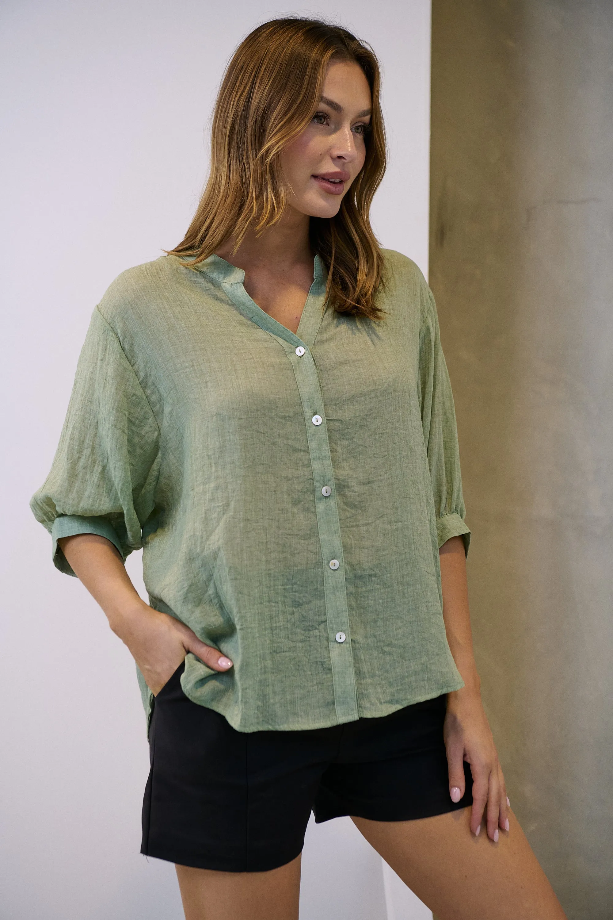 Leia Sage Button Up 3/4 Sleeve Shirt