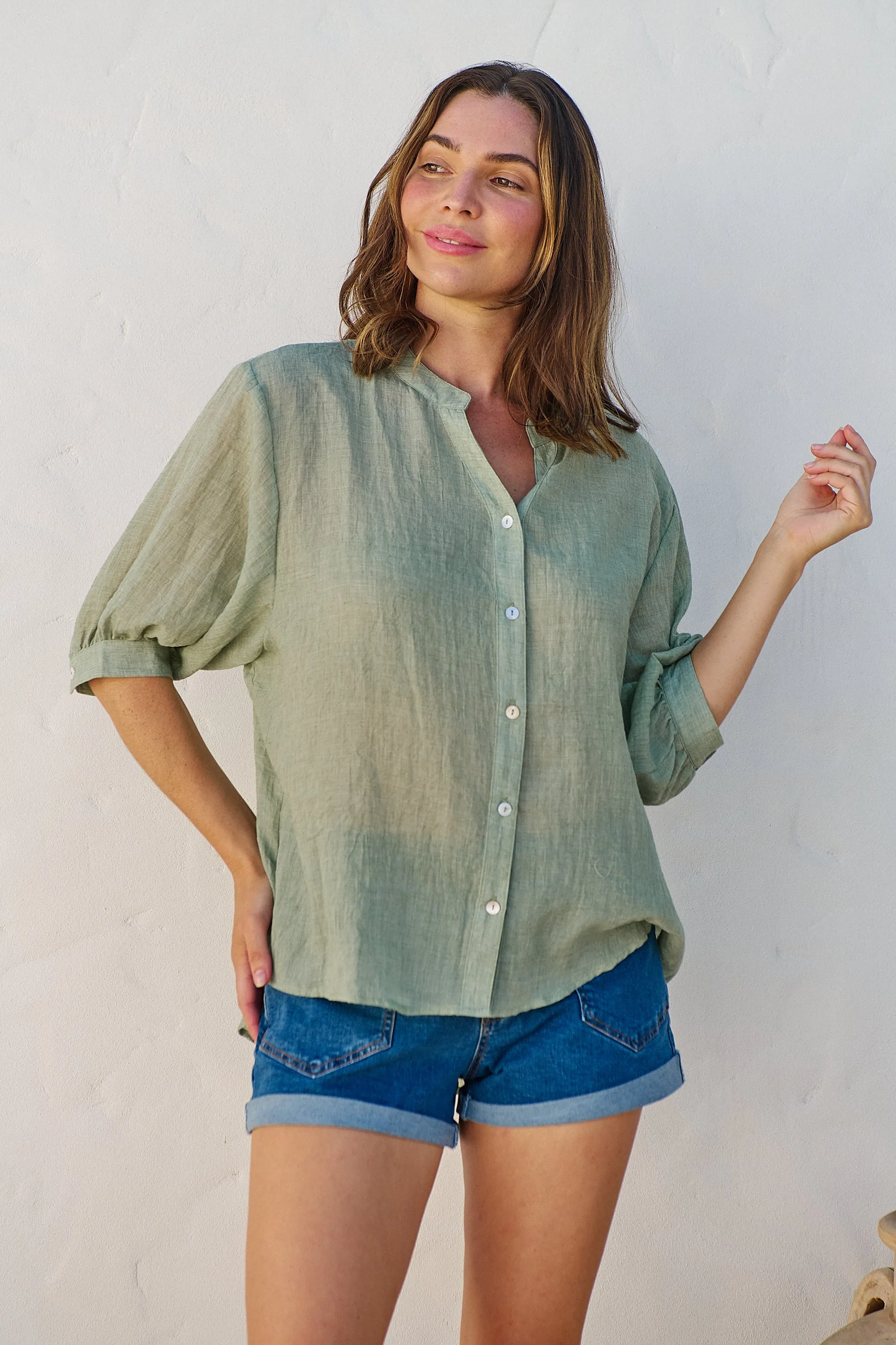 Leia Sage Button Up 3/4 Sleeve Shirt