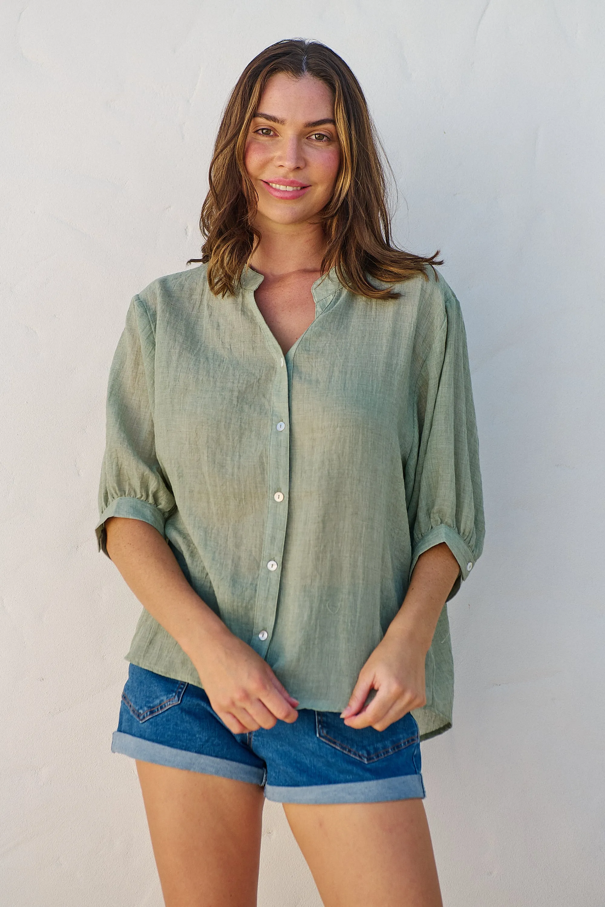 Leia Sage Button Up 3/4 Sleeve Shirt