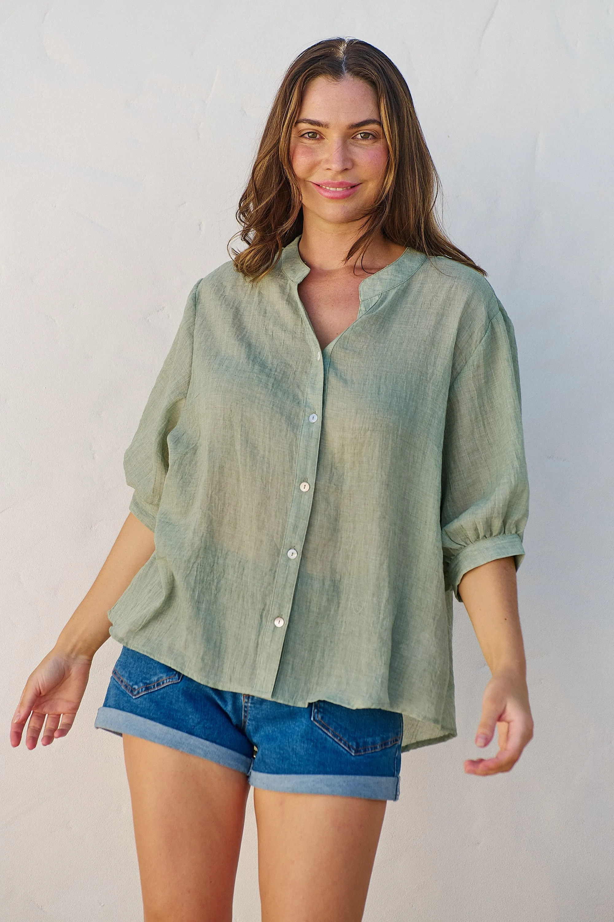 Leia Sage Button Up 3/4 Sleeve Shirt