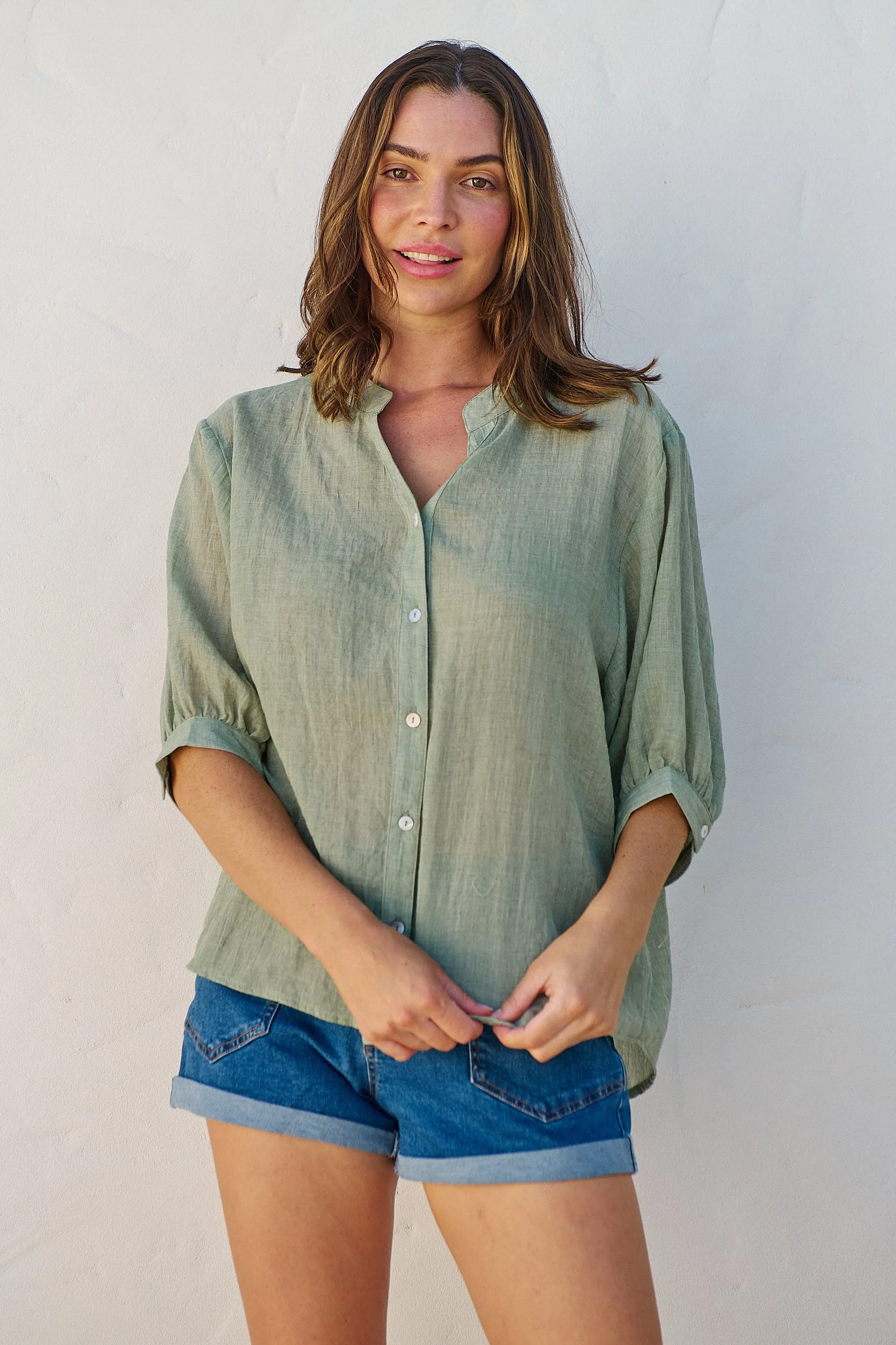 Leia Sage Button Up 3/4 Sleeve Shirt