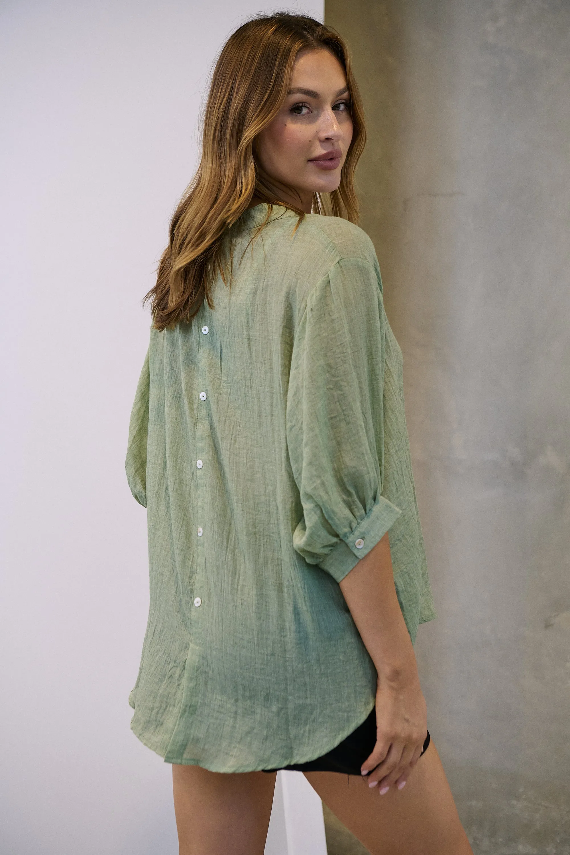 Leia Sage Button Up 3/4 Sleeve Shirt