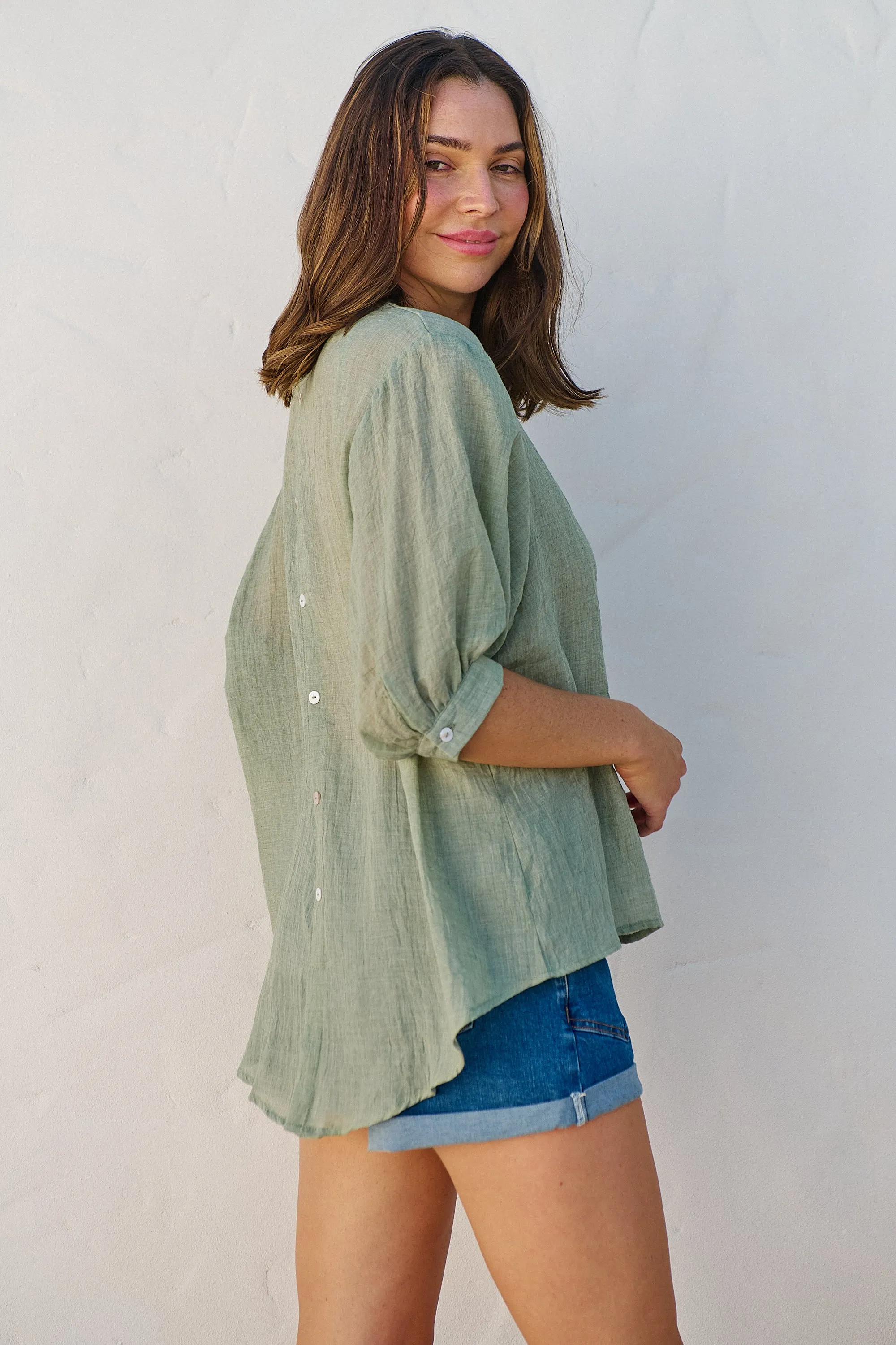 Leia Sage Button Up 3/4 Sleeve Shirt