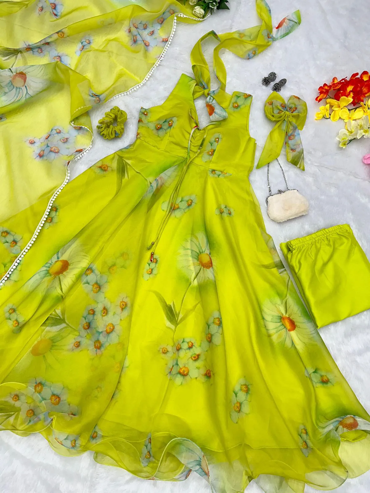 Lemon Green Color Digital Printed Anarkali Suit