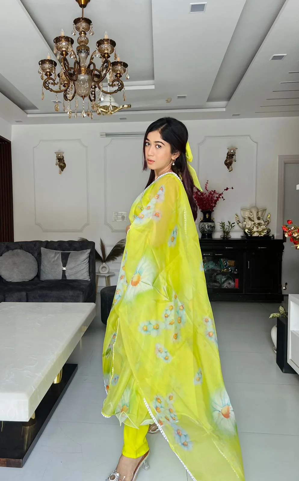 Lemon Green Color Digital Printed Anarkali Suit