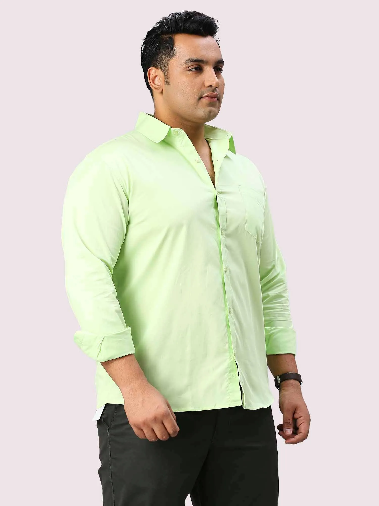 Lemon Green Solid Pure Cotton Full Sleeve Shirt Men's Plus Size