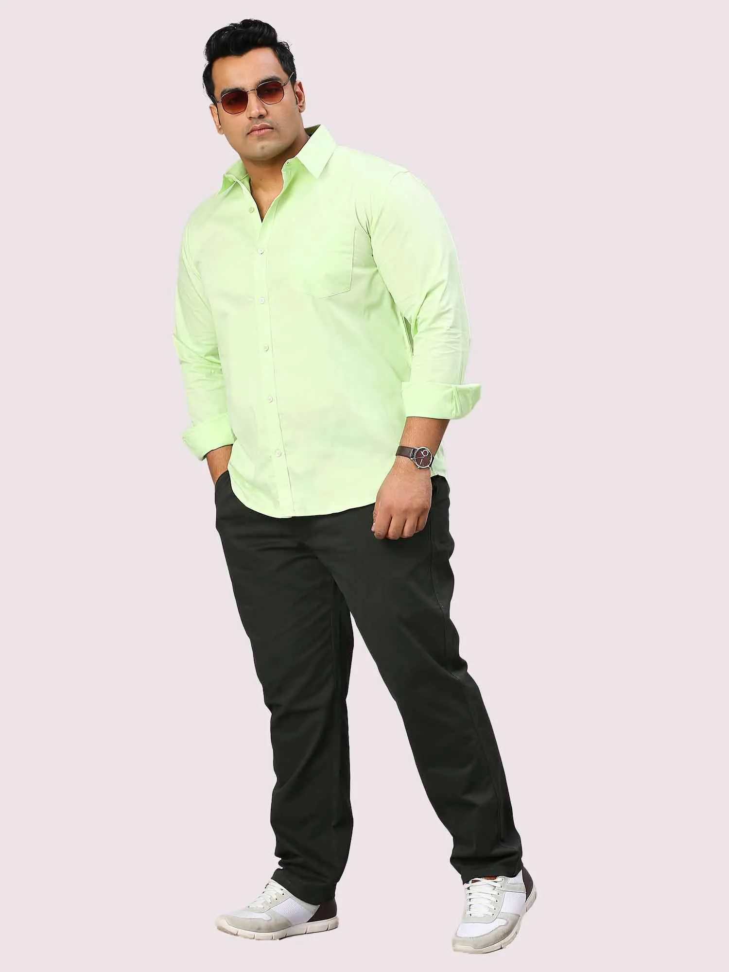 Lemon Green Solid Pure Cotton Full Sleeve Shirt Men's Plus Size