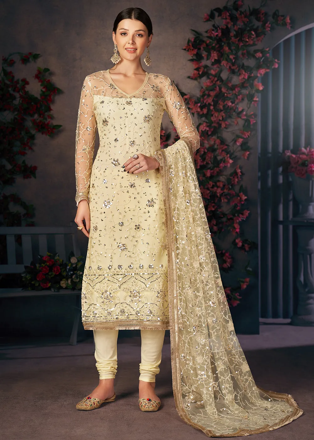 Lemon Yellow All Over Thread Work Net Churidar Suit