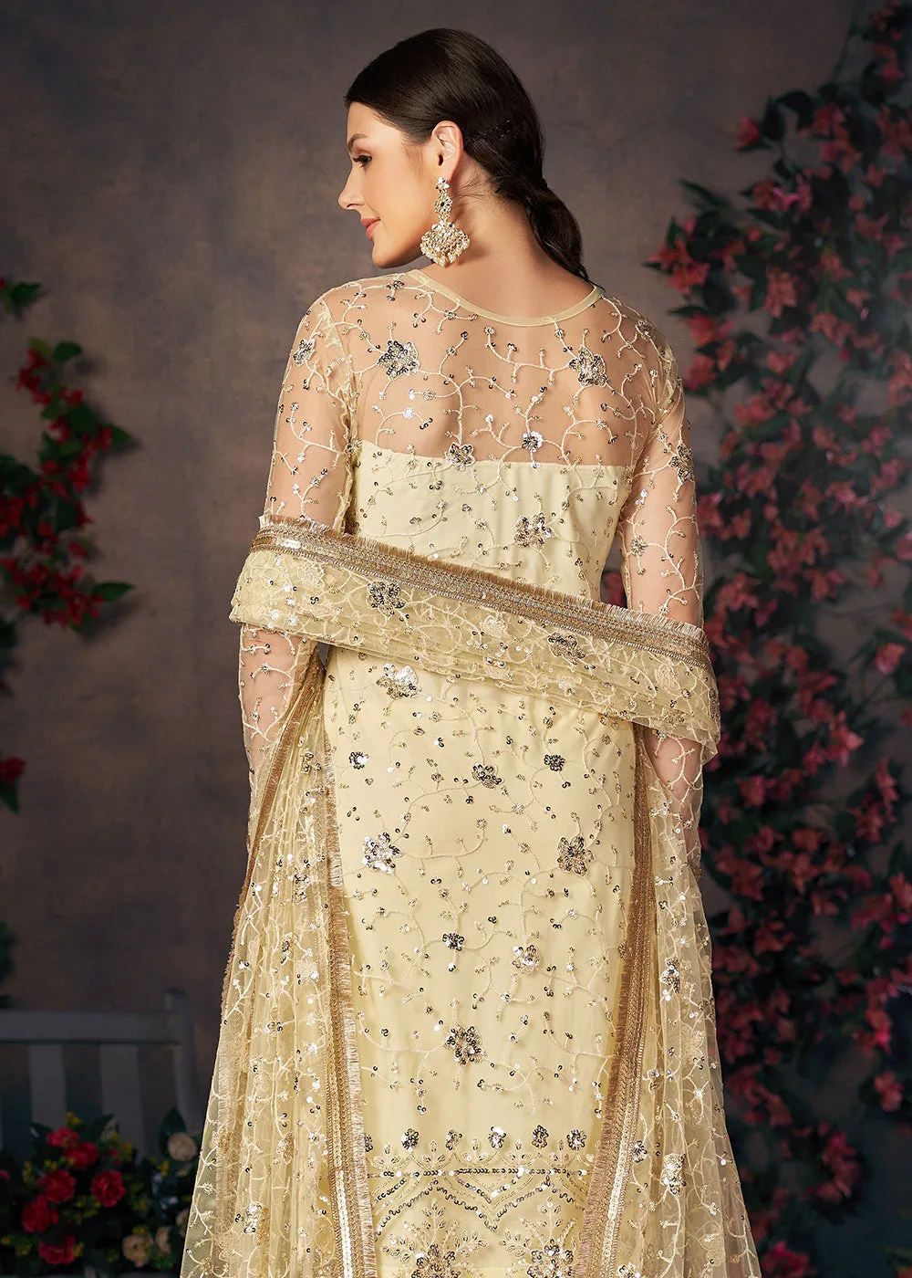 Lemon Yellow All Over Thread Work Net Churidar Suit