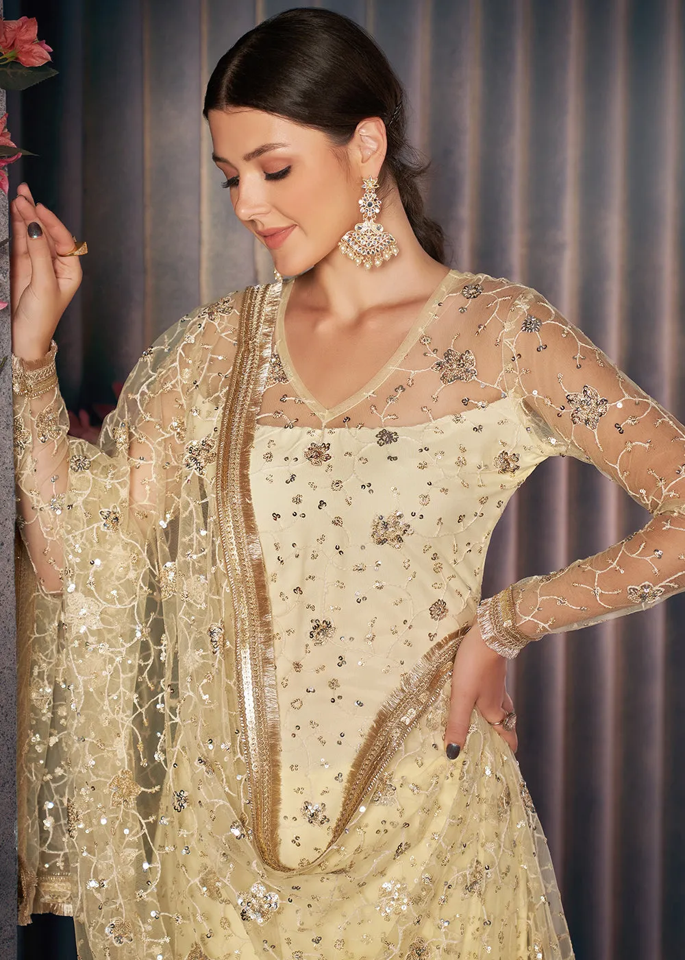 Lemon Yellow All Over Thread Work Net Churidar Suit