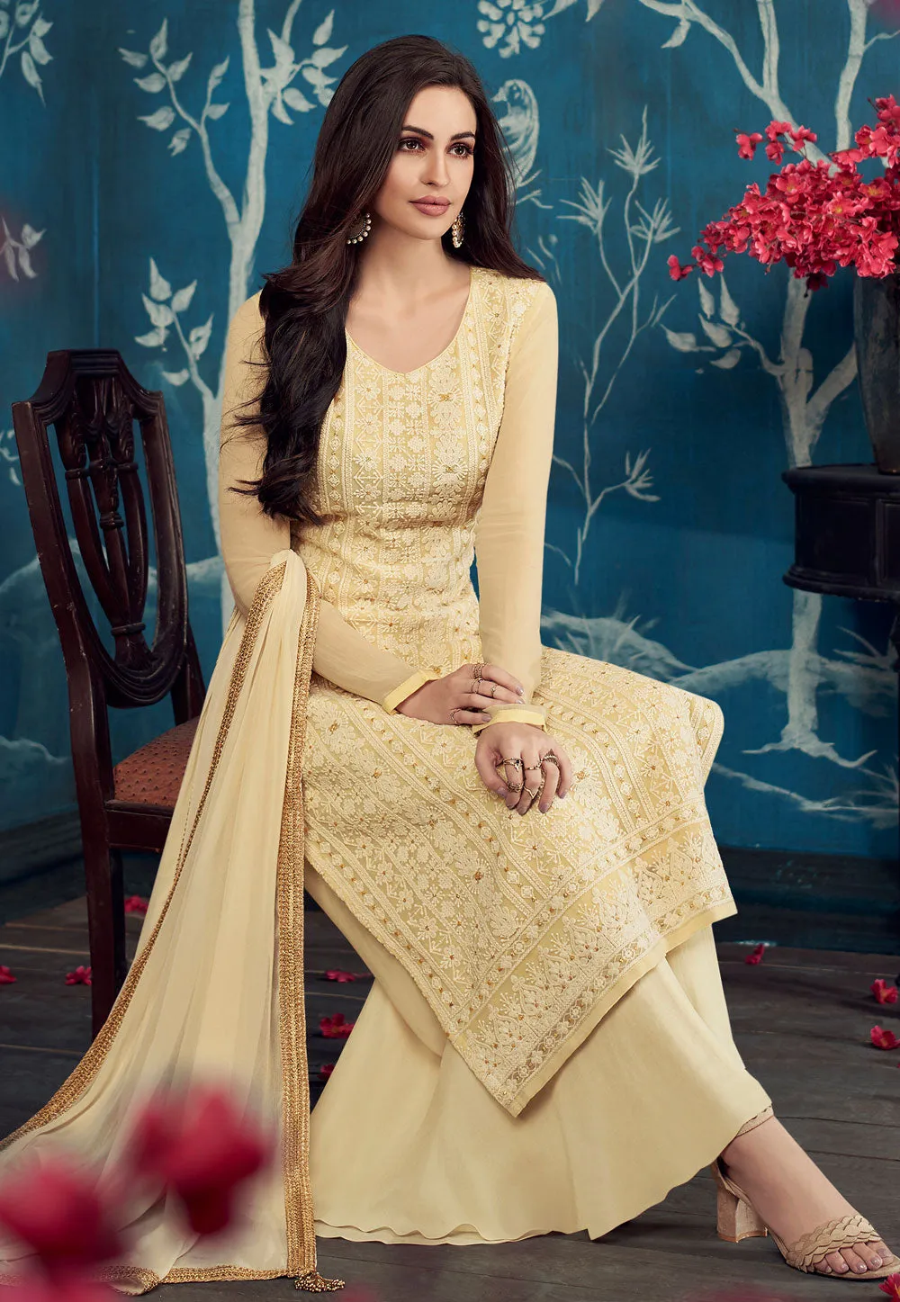 Lemon Yellow Embroidered Palazzo Pant Suit