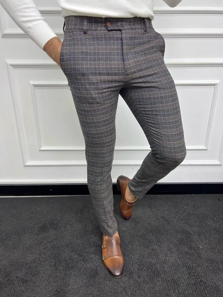 Leon Slim Fit Plaid Striped Blue Pants