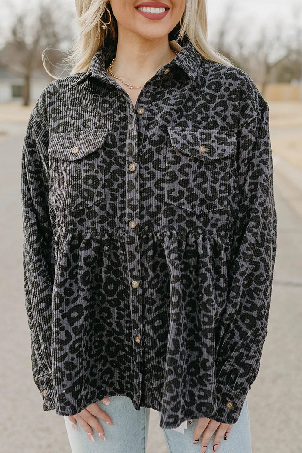 Leopard Corduroy Ruffled Shacket