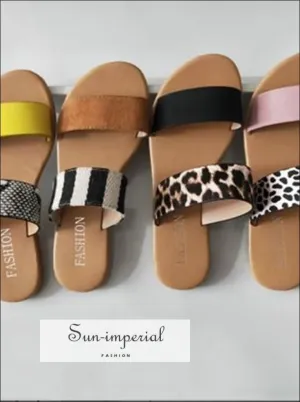 Leopard Double Band Flat Slide Sandals - Black