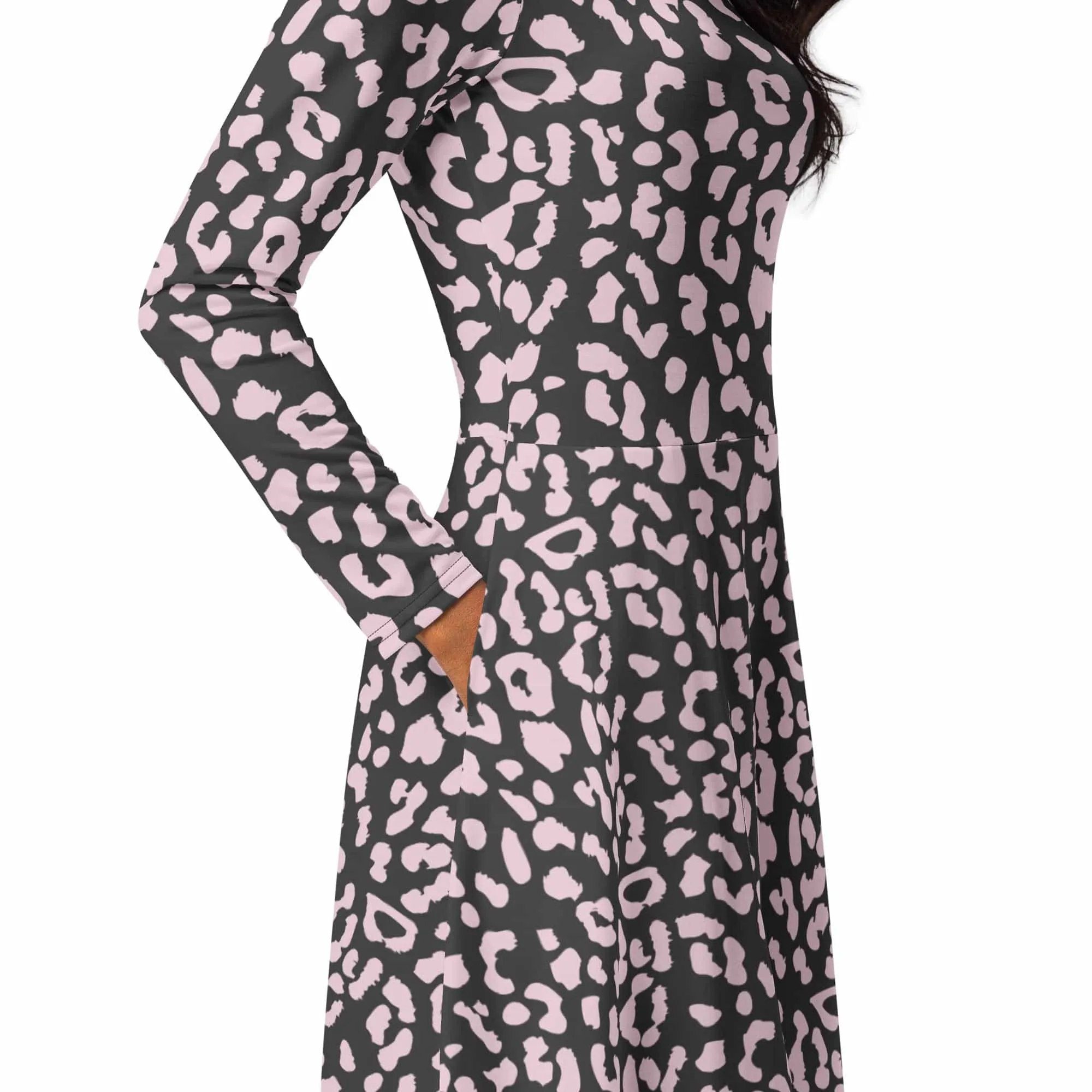 Leopard Midi Dress in Ecilpse with Pink Lace Accents