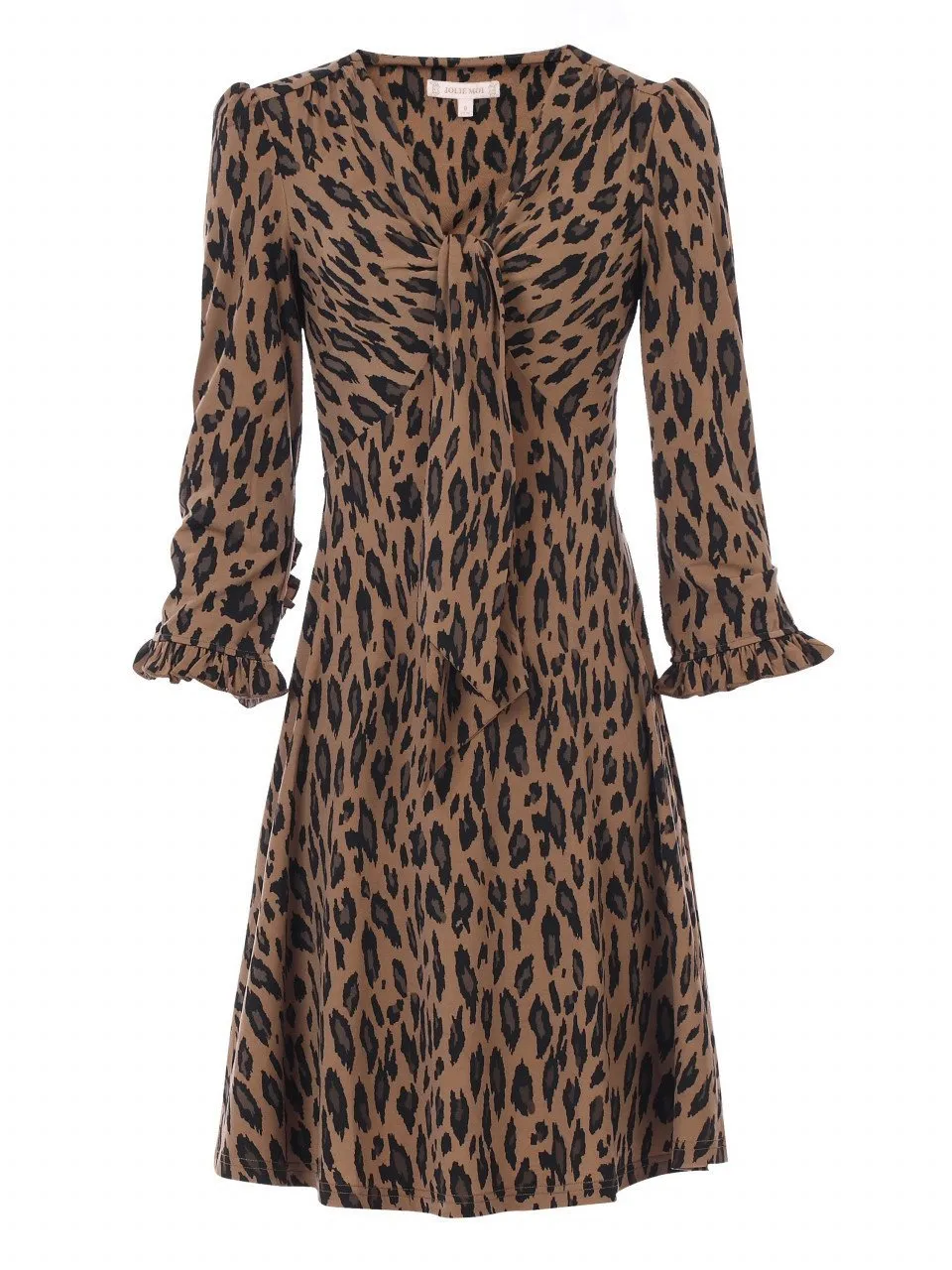 Leopard Ruffle Cuff Jersey Dress, Camel