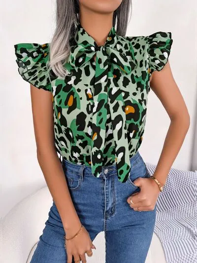 Leopard Tie Neck Cap Sleeve Blouse