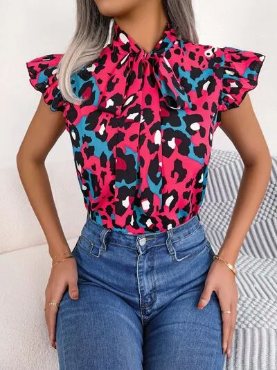 Leopard Tie Neck Cap Sleeve Blouse