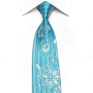 Leslie Vince Men's Crystal Silk Necktie Floral On Pale Blue With Silver Sparkles