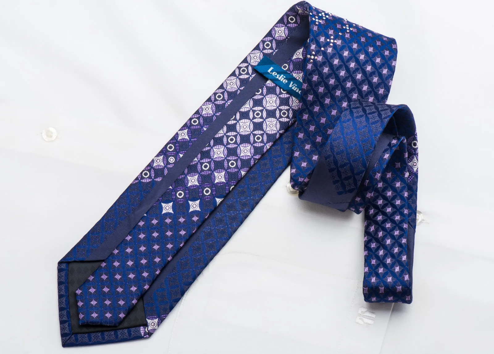 Leslie Vince Men's Rhinestone Tie Purple Geometric On Blue With Sparkles