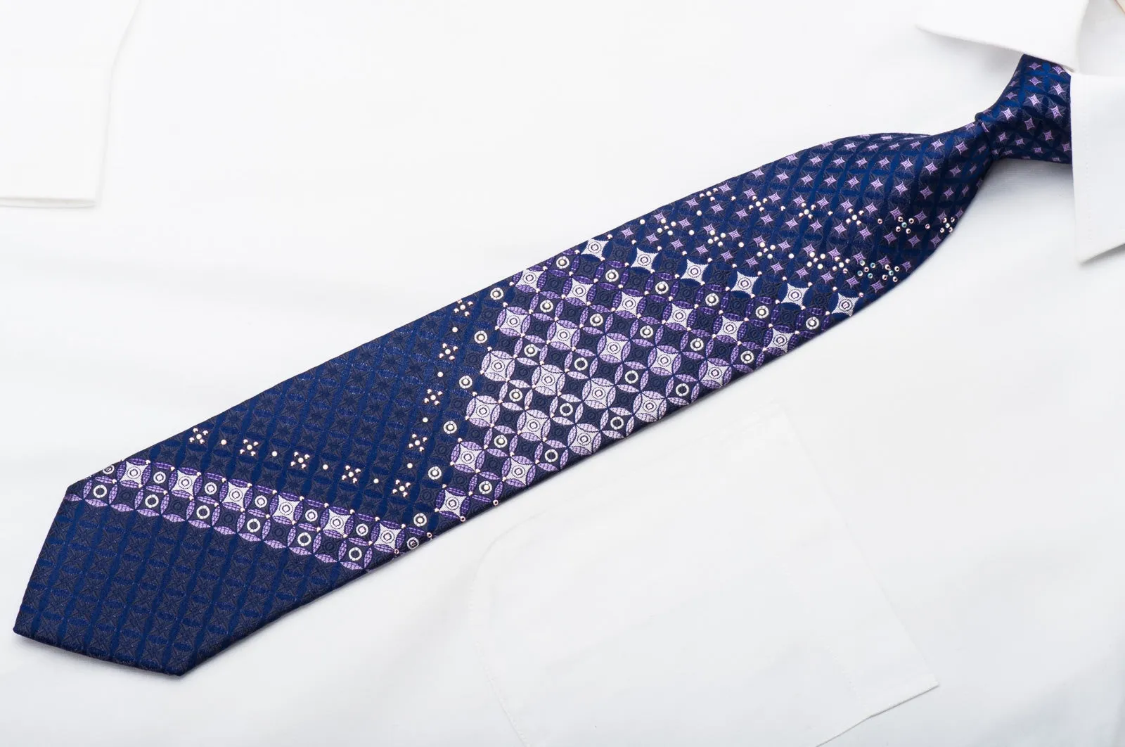 Leslie Vince Men's Rhinestone Tie Purple Geometric On Blue With Sparkles