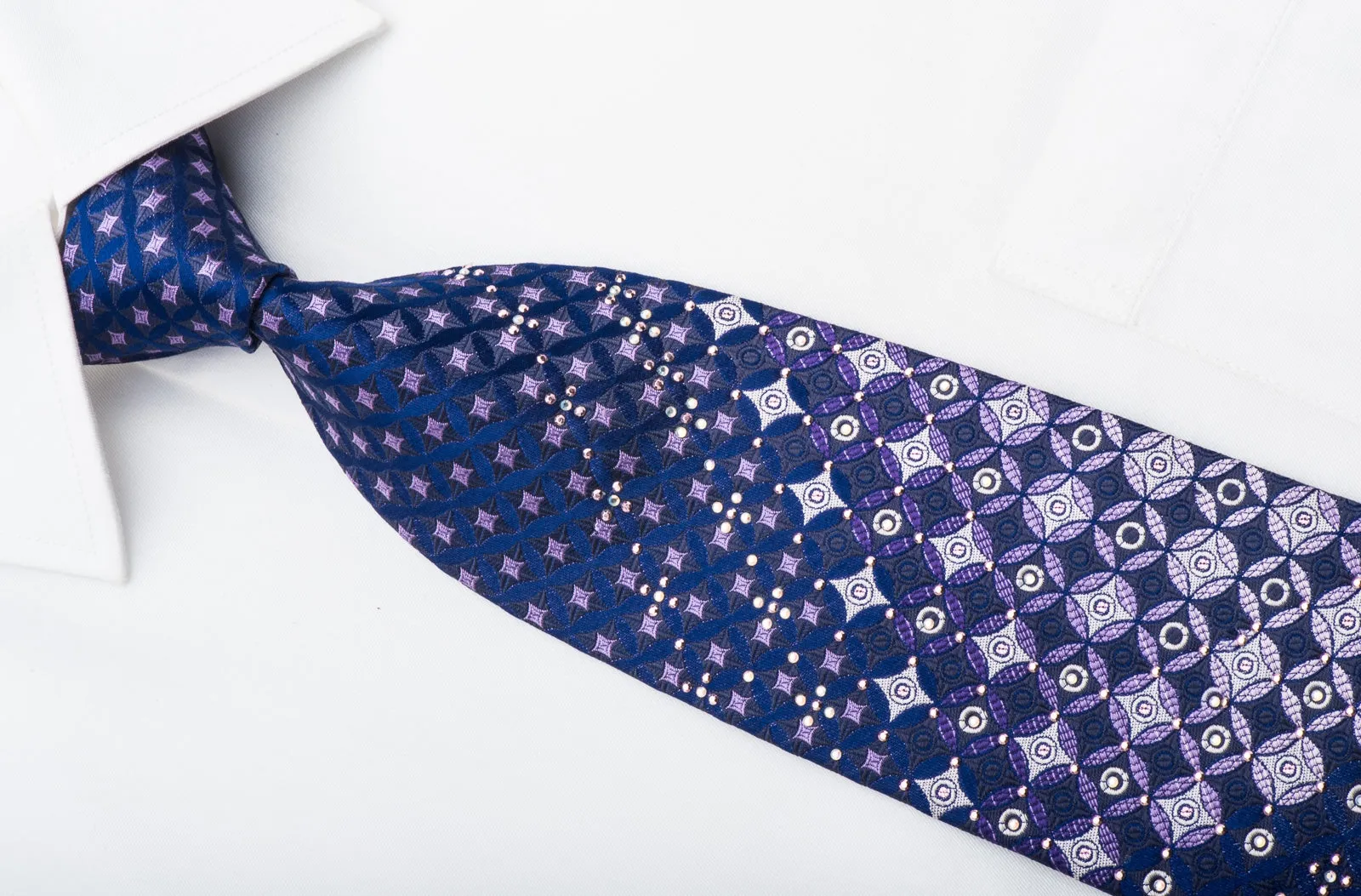 Leslie Vince Men's Rhinestone Tie Purple Geometric On Blue With Sparkles