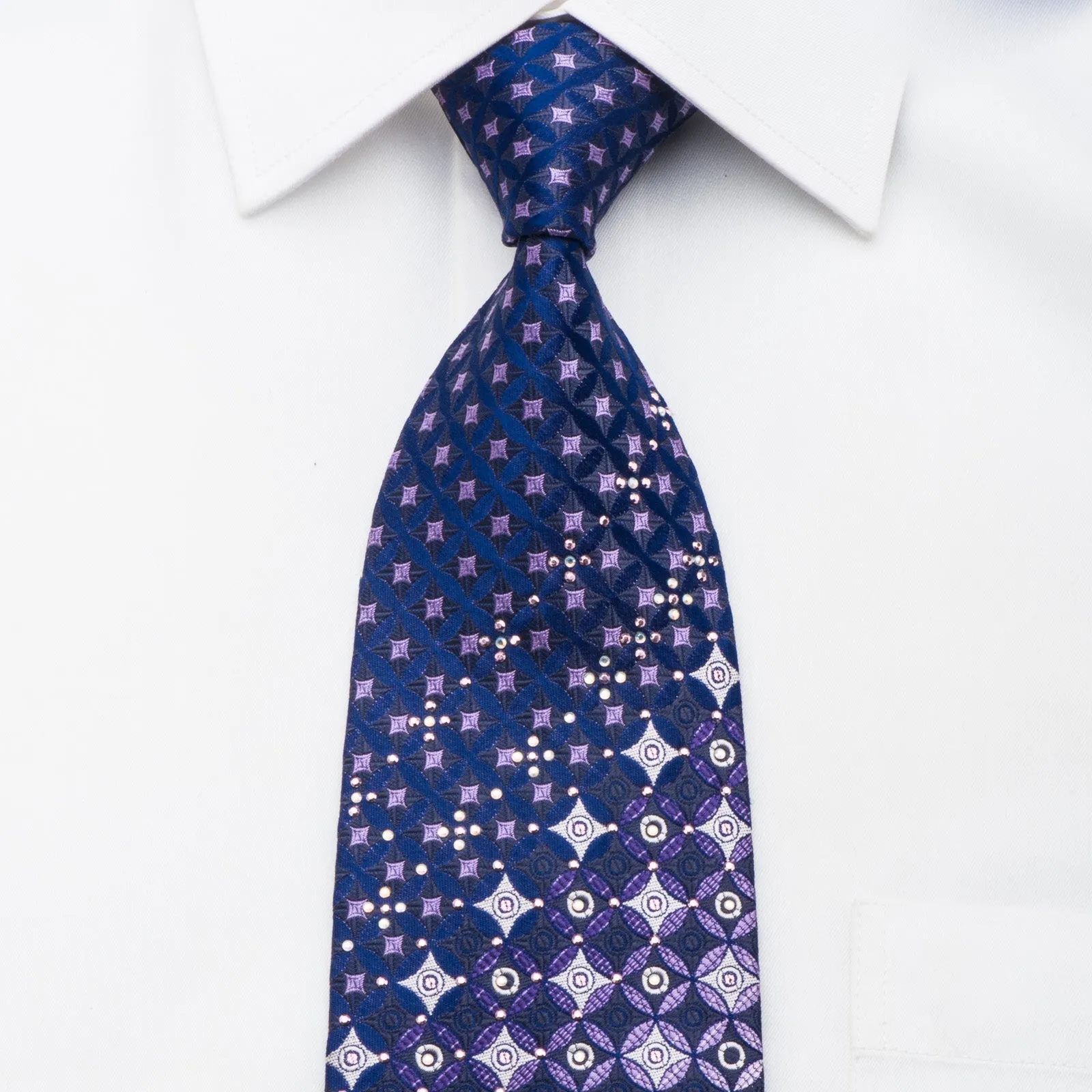 Leslie Vince Men's Rhinestone Tie Purple Geometric On Blue With Sparkles