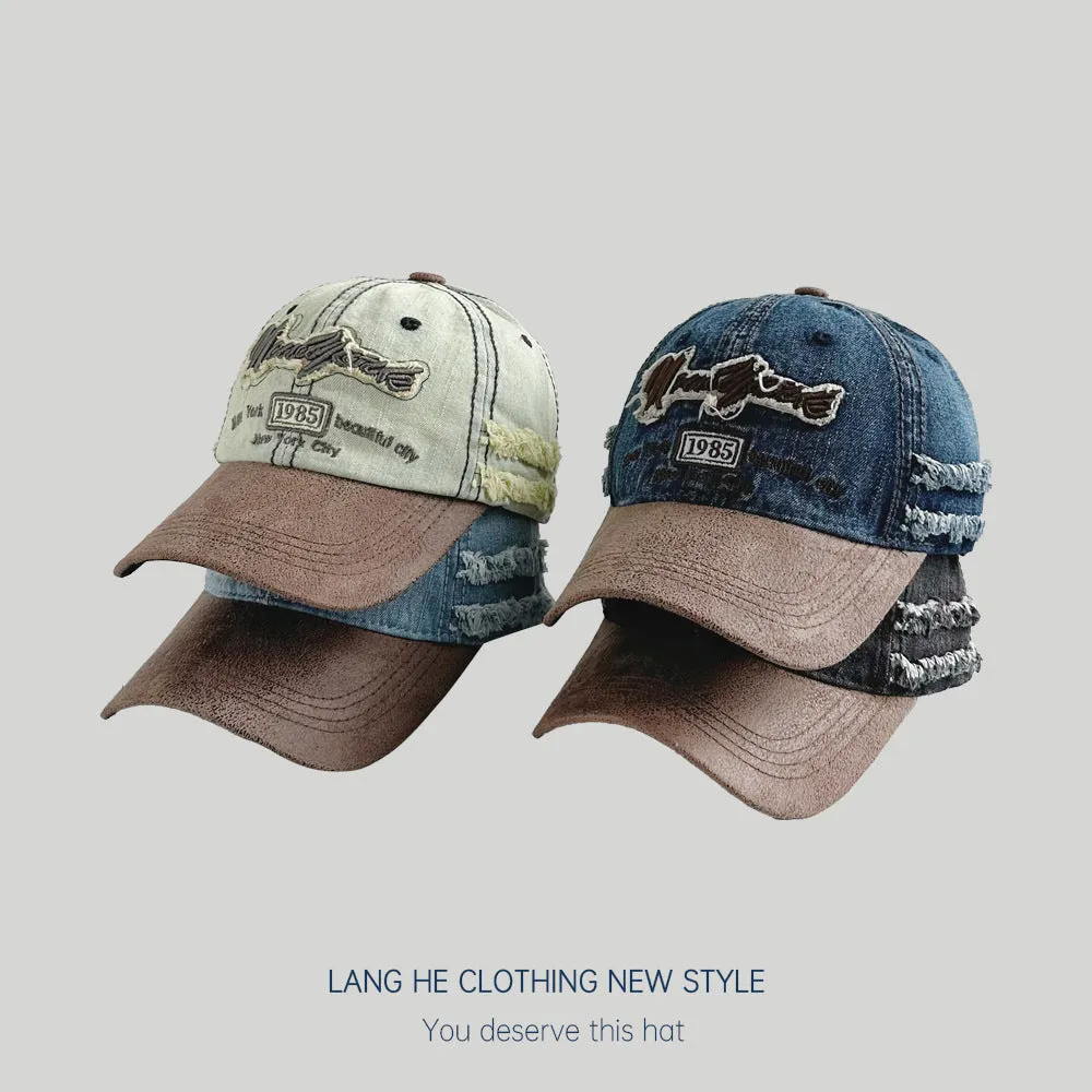 Letter embroidered denim baseball cap washed old contrasting peaked cap sun protection outdoor versatile fashionable hat