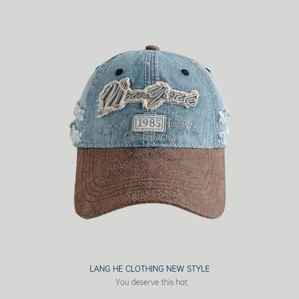 Letter embroidered denim baseball cap washed old contrasting peaked cap sun protection outdoor versatile fashionable hat