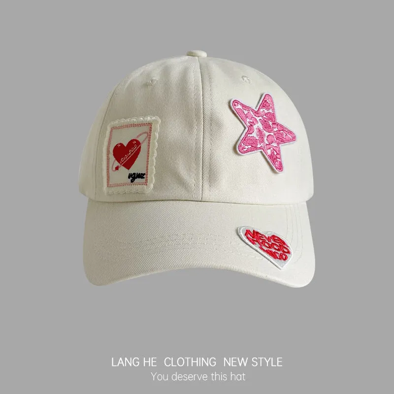 Letter flower patch five-pointed star baseball cap for women, cute, casual and versatile, washed soft top, autumn duck tongue hat