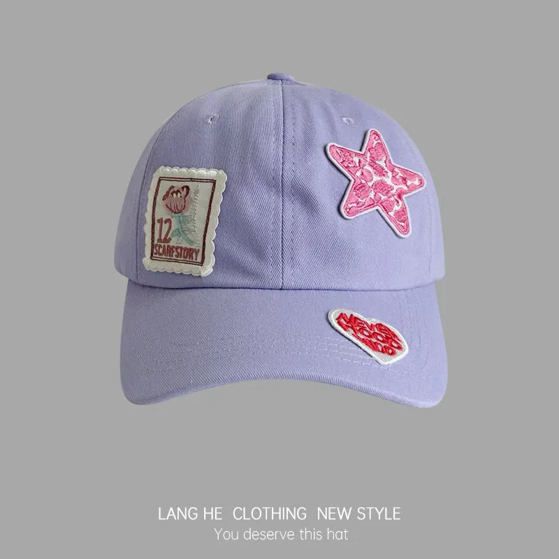 Letter flower patch five-pointed star baseball cap for women, cute, casual and versatile, washed soft top, autumn duck tongue hat