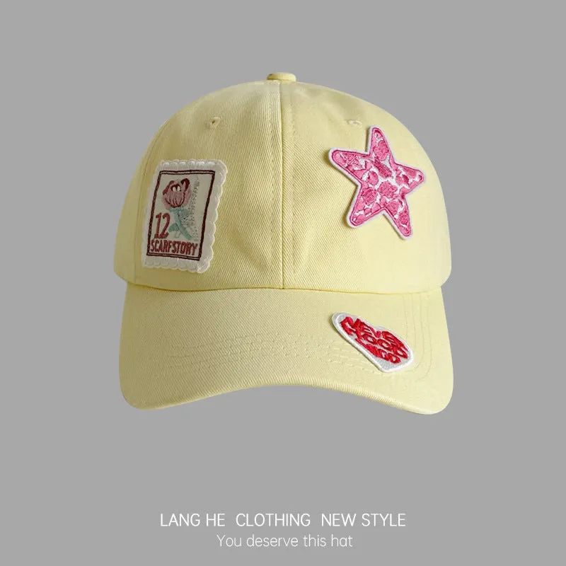 Letter flower patch five-pointed star baseball cap for women, cute, casual and versatile, washed soft top, autumn duck tongue hat