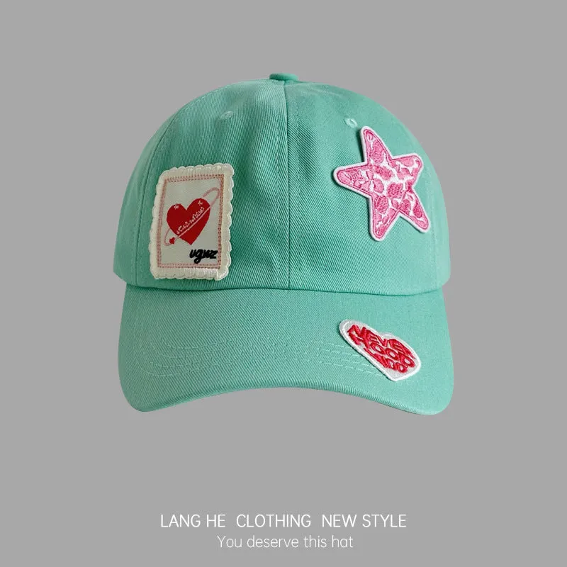 Letter flower patch five-pointed star baseball cap for women, cute, casual and versatile, washed soft top, autumn duck tongue hat