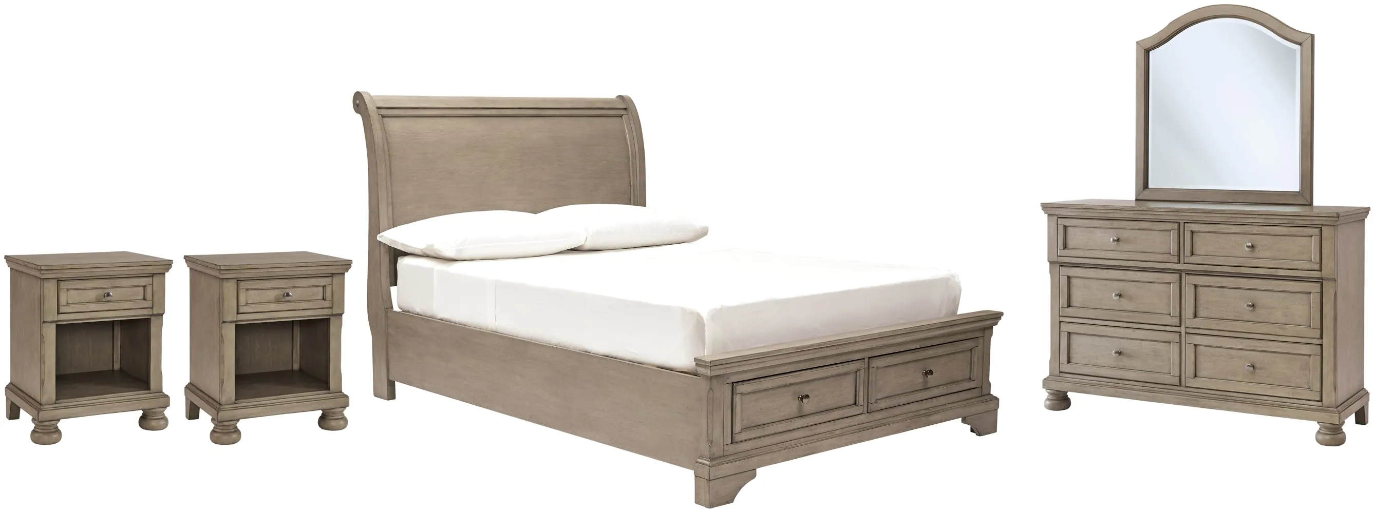 Lettner Full Sleigh Bed with Mirrored Dresser and 2 Nightstands