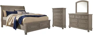 Lettner King Sleigh Bed with 2 Storage Drawers with Mirrored Dresser and Chest