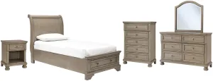 Lettner Twin Sleigh Bed with Mirrored Dresser, Chest and Nightstand