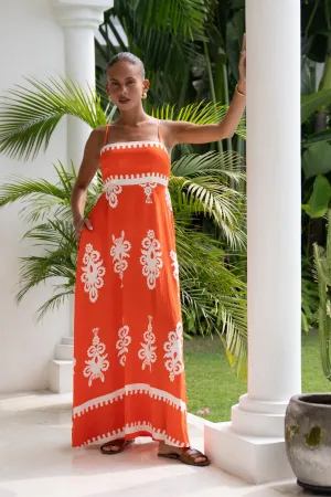 Levana Orange Abstract Flared Maxi Dress