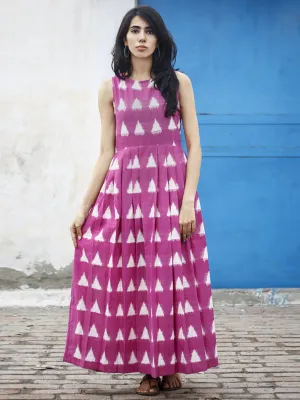 Levander White Long Sleeveless Handwoven Double Ikat Dress With Knife Pleats & Side Pockets - D32F013