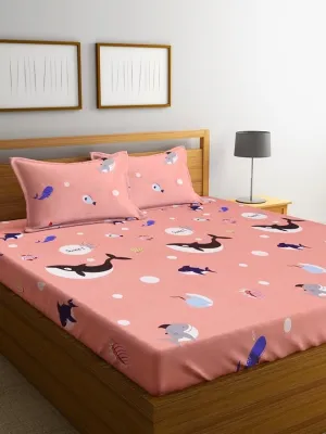 LEVINLY Kids Sahrk Print Pink Wrinkle Resistant | Skin Friendly | Cartoon Print Fitted Double Bedsheet with 2 Pillow Cover for Kids|| Size 72x72x8 inch|| Microfibre||Cotton Feel ||