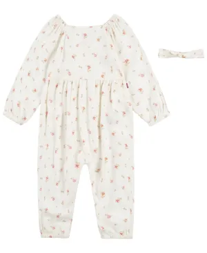 Levi's Baby Girls Long Sleeve Floral Jumpsuit and Headband, 2 Piece Set - Antique White