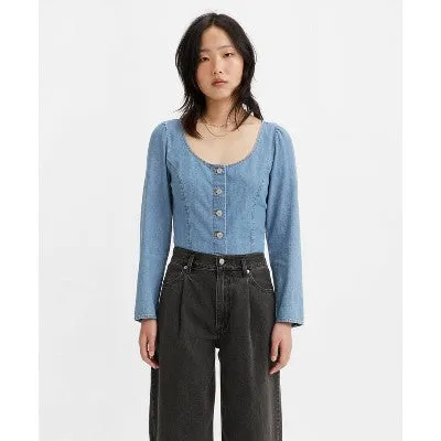 Levi's Women's Scoop Neck Button Up Corset Blouse Basic Cropped Fitted Cut