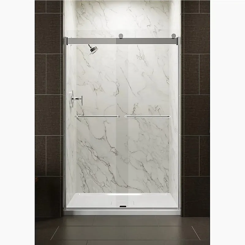 Levity 74" Clear Glass Sliding Shower Door in Bright Silver with Towel Bar Handle