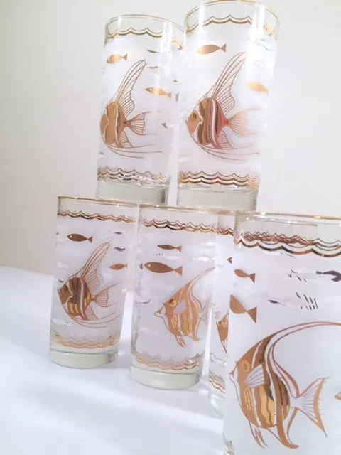 Libbey - Mid-Century White & 22-Karat Gold Angel Fish & Seahorse Glasses (Set of 6)